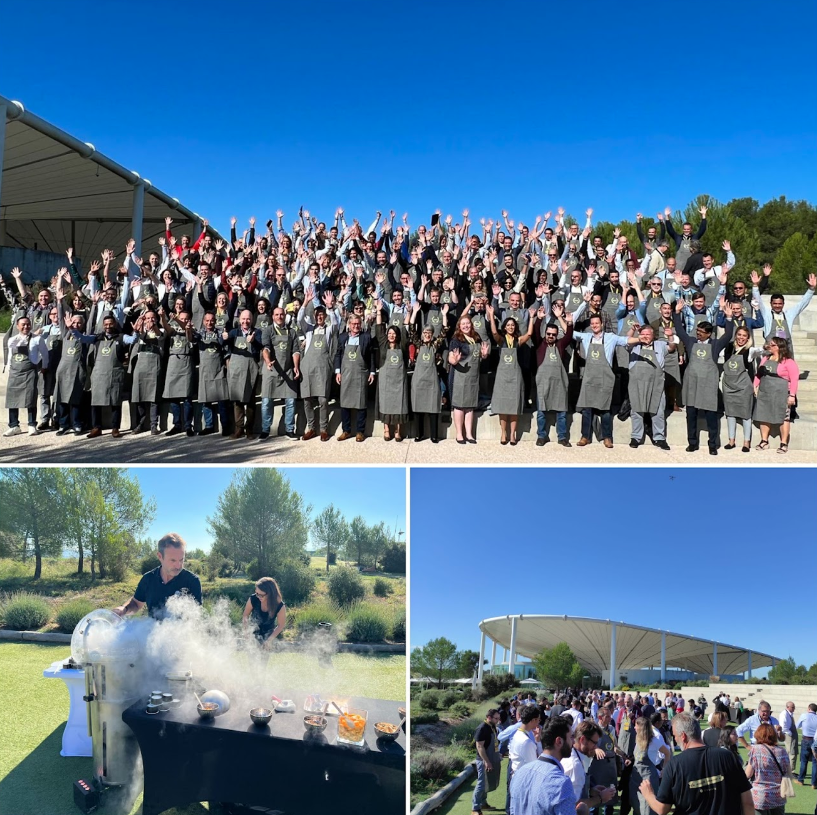 Séminaire d'entreprise internationale à thecamp Aix-en-Provence, participants en tabliers pour un atelier culinaire